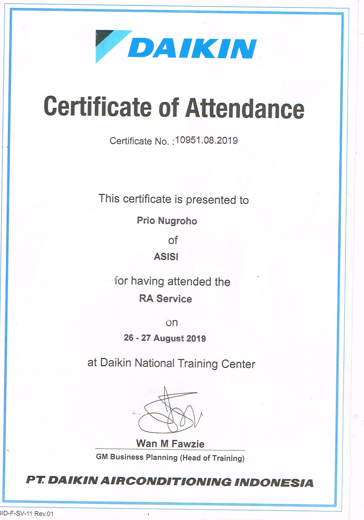 SERTIFIKAT DAIKIN RA SERVICE